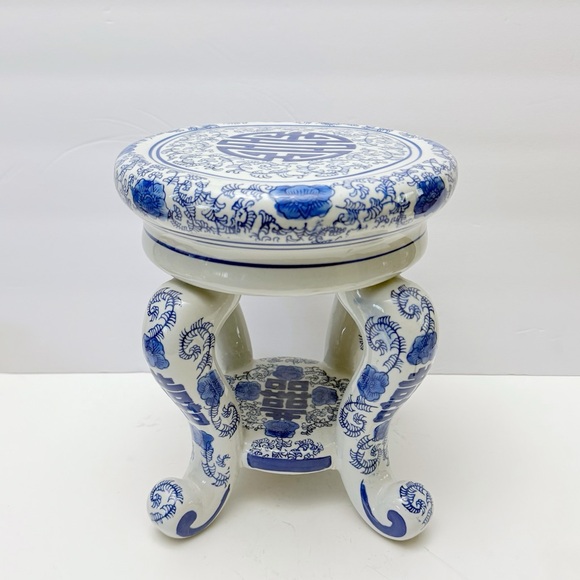 Vintage Chinoiserie Asian Blue & White Porcelain Stool Plant Stand 9” - Picture 5 of 10